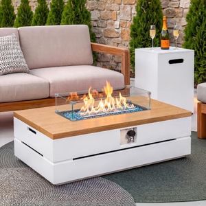 UPHA 50-inch Outdoor Patio Propane Gas Fire Pit Table 50000 BTU Concrete Round Firepit with ABS Tank Hidden Table, Wind Guard, Blue Glass Rocks, Rain Cover, Pure White Natural Wood Finish