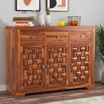 GateWay Furniture Handcrafted Sheesham Wood Chest of Drawers Storage with 3 Drawers and 3 Shelves Sideboard Cabinet Dresser for Elegant Living Room Storage (Ryan,Honey Finish)