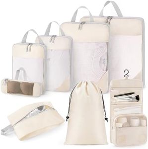 Compression Packing Cubes for Travel 8 Set Travel Organizer Bags Compression Cubes Bags Suitcase Packing Organizer Luggage Organizer Bags with Toiletries Bag and Shoe Bag Travel Essentials Beige