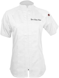 ChefsCloset Personalized Women's Modern Short Sleeve Chef Coat – Embroidered Jacket with Center Zip and Mesh Panels (White, X-Large)