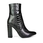 ESSEX GLAM Womens Ankle Boots Ladies Block High Heel Pointed Toe Black Croc Embossed Western Party Shoes Booties Size 7