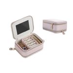 DIRELLUX PU Leather Travel Jewelry Organizer Box Two-sided Zipper Small Fashion Jewelry case with Mirror Mini Travel Jewelry Storage Case Accessories for Women Girls Pink