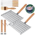 2Pcs Hot Dog Roller for Grill with 6PCS BBQ Skewers 1PCS Sauce Brush - BBQ Hotdog Roller Grill, Stainless Steel Sausage Roller Rack with Wood Handle, Barbecue Roller Tools, 9.4 x 7.1 Inch