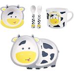 HS ENTERPRISE Bamboo Baby Tableware Set, Eco Friendly Bamboo Fiber Dinner Set for Weaning Toddlers/Kids, Set of Plate Bowl Cup Fork & Spoon/Baby Feeding Utensils for Kids & Toddlers (Cow, Multicolor)