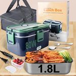 Electric Lunch Box 80W with 1.8L 304 Stainless Steel Container Food Heater 3 in 1 12/24/110-230V Portable Food Warmer Lunch Box for Car/Truck/Home, Lunch Boxes with Spork & Insulated Carry Bag