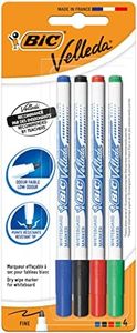 BIC Velleda Estuche de Rotuladores de Pizarra Blanca, Color Negro, Azul, Rojo y Verde, Punta Fina, Blíster de 4
