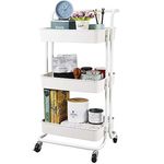 Kriva 3 Tier Metal Rolling Utility Cart | Multifunction Storage Shelves Trolley service Carts with Mesh Basket Handles and Wheels | Art | Bathroom | Kitchen | Anti-Rust Organization Shelf Beige(White)