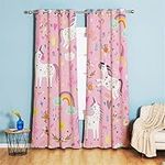 Koudi Pink Blackout Curtains Unicorn Curtains for Kids Girls Nursery Room Thermal Insulated Window Drapes Cartoon Rainbow Heart Star Pattern, 2 Panels, 52x63 Inch