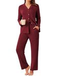 Ekouaer Womens Ribbed Knit Pajama Sets 2 Piece Lounge Set Long Sleeve Button Down Pjs Sleepwear Set with Pockets Wine Red Large