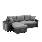 Phoenix Sofas Sofa Cum Bed, Modern Sectional Sofa Bed with Pulled Out Bed, Reversible Sleeper Sofa with Reversible Chaise with Storage and 2 Stools-33'' H x 92.5'' W x 58'' D (Wood,Grey with Black)