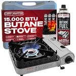 Chef Master 90019 Portable Butane Stove, 15,000 BTU Single Burner Gas Stove, Camping and Backpacking Essentials, Piezo Electric Ignition, Double Wind Guard Burner, Hard Carrying Case