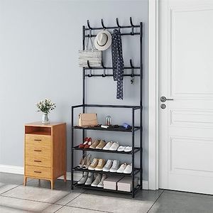 iDopick Clothes Rack with Shoe Rack Shelves for Entryway, 4 Tiers Free Standing Organizer Shelf Shoes Storage with Bag Hat Hooks for Bedroom, Hallway, Office, Living Room, Black Metal, 60cm (80cm)