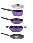 NAVRANG Non Stick Cookware Set of 5 Pcs | Nonstick Dosa Tawa 26 cm, Frypan 22 cm, Sauce Pan 16cm & Kadhai 22cm with Lid | Non-Induction - Purple (Combo - 1)