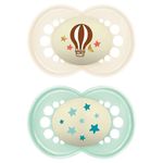 MAM Original Night Soother 16+ Months (Pack of 2), Sustainable Baby Soother, SkinSoft Silicone Teat, Glow in the Dark Soother, Cream (Designs May Vary)