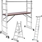 tectake® Aluminium Multi-Purpose Ladder, Adjustable 3-in-1 Scaffolding, Step Ladder, Work Platform, 150 kg Capacity, Durable Folding Frame, Scaffold Safety Bar, Rubber Feet with Wheels