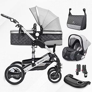 3 in 1 Kombi-Kinderwagen inkl. Babyschale, Buggy, Jogger mit Wickeltasche, Moskitonetz, Regencover, Spieltisch, Autoschale Fußsack, QuickFold, Aluminiumrahmen (Silber - anthrazit/grau)