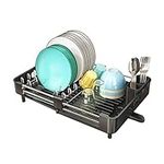 SAYZH Dish Drainer, Kitchen Dish Drainer Rack, Expandable(33.5 CM-50 CM) Stainless Steel Sink Organizer Dish Rack and Drainboard Set with Utensil Holder Cups Holder for Kitchen Counter(Black)