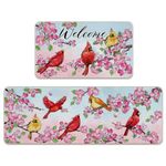 Tailus Welcome Spring Summer Cardinal Kitchen Rugs Set of 2, Red Birds Pink Dogwood Floral Flower Kitchen Mats Decor, Seasonal Floor Door Mat Home Decorations -17x29 and 17x47 Inch