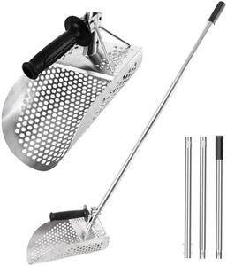 Upgraded Long Handle Sand Scoop - Stainless Steel Heavy Duty Metal Detecting Sand Scoop with Large Shovel & Holes for Beach Underwater Treasure Hunting