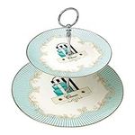 YBK Tech Euro Style 2 Tier Porcelain Bone China Round Cake Plate Stand Dessert Display Cakes Platter Food Rack- Blue Stripe Pattern