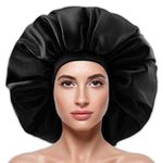 Large Silky Satin Bonnet with Wide Elastic Band, Soft Sleeping Cap Night Hat Big Hair Bonnets Head Cover for Women Curly Natural Long Hair (Black)