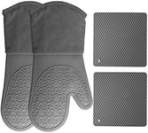 HOMWE Silicone Oven Mitts and Pot Holders (4-Piece Set) Heavy Duty Cooking Gloves, Kitchen Counter Safe Trivet Mats | Advanced Heat Resistance, Non-Slip Textured Grip(Gray)