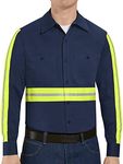 Red Kap Men's Enhanced Visibility Cotton Work Shirt , Navy with Yellow/Green Visibility Trim, Large