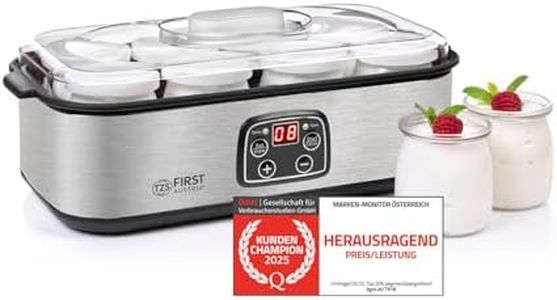 TZS First Austria - Joghurtbereiter 25W inkl. 8 Glasbehälter à 180 ml für bis 1,4L selbstgemachten Joghurt - Yogurt Maker mit Temperatur 20-55°C, Abschaltautomatik & LCD-Display - Joghurtmaschine weiß