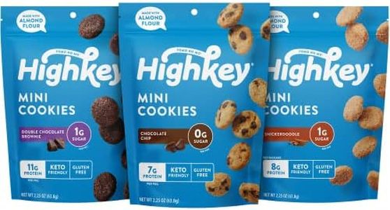 HighKey Sugar Free Cookies Variety Pack - 6.75oz Keto Snacks Zero Carb No Sugar 3-Pack Chocolate Chip Cookie, Snickerdoodle, Brownie Bites Low Carb Gluten Free Diabetic Snack Diet Friendly Food Sweets