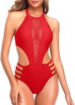 Tempt Me Women One Piece Sexy Mesh Swimsuit High Neck Halter Cutout Monokini Swimwear, Red, Small