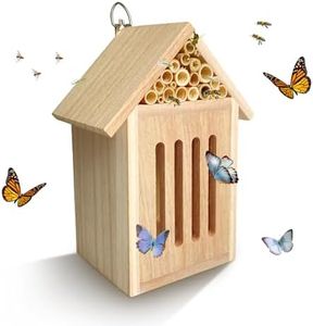 Natural Wood Insect Hotel Wooden Bee Box Bug House, Hanging Habitat for Lacewings, Ladybugs, Solitary Bee, and many other beneficial insects (Natural Wood Type B)