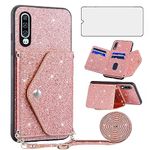 Asuwish Phone Case for Huawei P30 Wallet Cover with Tempered Glass Screen Protector and Crossbody Strap Lanyard Bling Glitter Credit Card Holder Stand Cell Accessories Hawaii P 30 ELE-L29 Women Pink