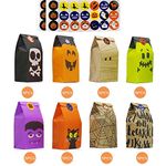 Kalolary 45Pcs Halloween Trick or Treat Goody Gags in 8 Designs, Paper Gift Bags Party Favor Candy Bags with 60Pcs Trick-or-Treat Stickers for Halloween Decoration