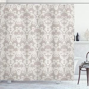 Ambesonne Taupe Shower Curtain, Nature Garden Themed Pattern with Damask Imperial Tile Rococo Inspired, Cloth Fabric Bathroom Decor Set with Hooks, 69" W x 70" L, Taupe and White