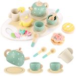 GAGAKU Wooden Tea Set for Toddler,Wooden Toys Toddler Tea Set Play Kitchen Accessories for Kids Pretend Play Food Playset for Kids Tea Party 15Pcs