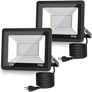 LOHAS Flood Lights Outdoor, 50W Dusk to Dawn Floodlight, IP66 Waterproof Plug in Floodlights, 9.84-ft Cord, 6000K Daylight Work Light, 2300LM Security Lights for Yard, Garage, UL Listed, 2Pack