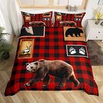 Red Plaid Duvet Cover Set Super King Size, Wild Goose Bear Deer Comforter Cover with 2 Pillowcases, Animal Hunting Theme Bedding Set 3pcs for Kids Boys Teens Bedroom Decor Wildlife Bedspread Cover