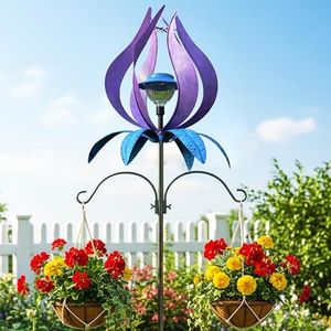 J-Fly Metal Wind Spinner Outdoor Terrace Windmill LED Solar Landscape Light Outdoor Christmas Decoration for Lawn Garden Park Decoration Double Coconut Flower Basket Metal Pile 83 Inch