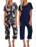 Ekouaer 2 Pack: Womens Pajamas Short Sleeve Sleepwear Tops and Capri Pants Pjs Print Pajama Sets Black Flowers, Navy Blue M