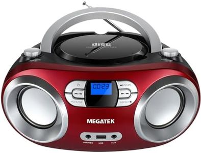 MEGATEK Portable CD Player Boombox with FM Radio, Bluetooth, and USB Port | Clear Stereo Sound | CD-R/RW and MP3 CDs Compatible | 3.5mm Aux Input and Headphone Jack | Backlit LCD Display - Cherry Red