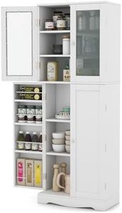 Giantex Tall Buffet Sideboard, Kitchen Pantry Cabinet with Dual Tempered Glass Doors & Shelves, Extra Door Racks, Anti-Toppling Design, Freestanding Cupboard for Dining Room Living Room, White