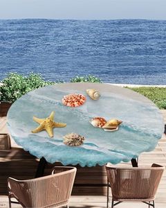 Chees D Zone Coastal Tablecloth Round Fitted,Beach Table Cover Waterproof Reusable Ocean Table Cloth with Elastic Edge for Kitchen Dining Party Sea Wave 36-44in
