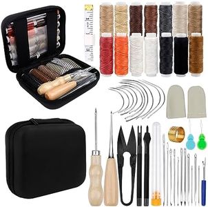 48pcs Juego de Costura para Cuero, Kit de Artesanía Cuero con Agujas de Coser Cuero, Hilo para Coser Cuero de 14 Colores, Tijeras, Dedal, Aguja, Cinta Métrica y Otras, con Kit de Herramientas de Cuero