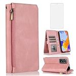 Compatible with Xiaomi Redmi Note 11 Pro 4G/5G Wallet Case Tempered Glass Screen Protector Zipper Leather Flip Cover Card Holder Stand Cell Accessories for Redme Note11 11E 11Pro Women Rose Gold