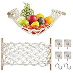 Fruit Basket Hammock Under Cabinet Adhesive, Woven Vegetable Hanging Basket, Fruit Storage for Kitchen with Banana Hook, Mesh Fruit Holder Organization for Home Dining Room Decor