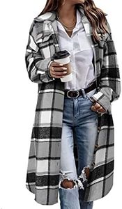Himosyber Women's Casual Plaid Lapel Woolen Button Up Pocketed Long Shacket Coat(Grey-XL)