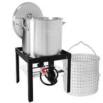 Creole Feast SBK0801 80 Qt Seafood Boiling Kit with Strainer, Outdoor Seafood Boil Pot and Basket with 100,000 BTUs Propane Burner and 10 PSI Regulator, Black & Silver