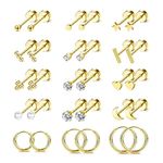 FIOROYAL 15Pairs Gold Stud Earrings for Women Surgical Steel Hypoallergenic Earrings 14K Gold Plated Flat Back Earrings Set Tiny Moon and Star Earrings Helix Cartilage Hoop Earrings for Women