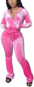 Chatinction Women's 2 Piece Outfit Velour Zip Up Crop Hooded Jacket and Bell Bottoms Long Pants with Pockets Tracksuit Set Pink Small