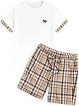 GORGLITTER Men's Plaid Print Casual Short Sleeve T Shirts and Shorts Tracksuit Set White and Khaki X-Large